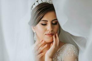 Female beauty. Cute woman at home. The bride poses under a veil. A stylish woman wears a white dress. Professional make-up and hair. On the bride's head is a crown and a long veil. photo