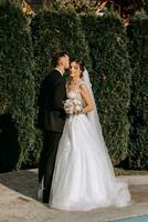 beautiful elegant luxury bride and stylish groom kissing outdoors near tall green trees photo