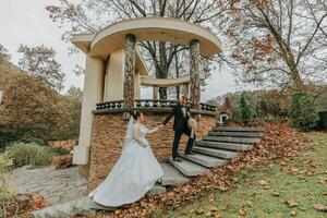 A happy couple of stylish newlyweds in a green park on an autumn day near beautiful architecture. The bride in a long white dress and the groom in a black suit. Wide-angle photo of the bride and groom