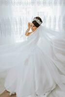 retrato de un novia con un hermosa peinado y tiara en su cabeza y natural maquillaje posando en un blanco túnica en su habitación. el belleza de el muchacha. un largo blanco velo foto