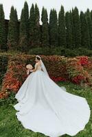 Beautiful bride against the background of autumn leaves and tall trees. Wide-angle photo of the bride in a dress with a long train