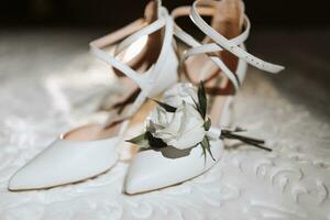 Elegant wedding accessories of the bride in the morning on the day of the celebration. photo