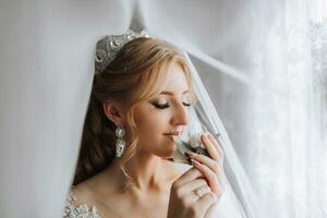 Happy beautiful bride under a veil close-up. Beautiful bride with professional makeup and hairstyle. The bride in a white dress plays with her veil. photo