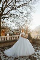 el novia retrato en el otoño bosque. novia en Boda vestir en natural antecedentes. Boda día. foto