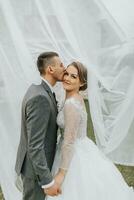 wedding couple on nature. bride and groom hugging under the veil at wedding. photo