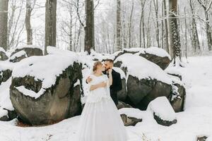 Boda en invierno. el novia y novio son en pie en contra el antecedentes de cubierto de nieve rocas el novia en un blanco vestir y blanco poncho. novio en un negro Saco foto