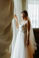 beautiful and gentle bride in a wedding dress in the morning posing near the window with natural light. Beautiful natural makeup. Wedding hairstyle. Morning of the bride. photo
