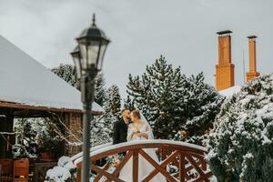 happy bride and groom embrace among snowy trees on a wooden bridge. Groom and bride in the winter park. Bride with a bouquet of flowers in a wedding dress and poncho. Groom in a black coat. photo