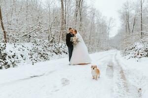 Beautiful wedding couple standing in a winter snowy forest in the background, a woman in a white dress and a mink fur coat, a bearded man in a black coat photo