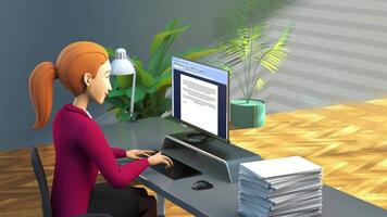 a woman is sitting at a desk with a computer video