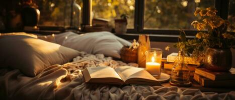 AI generated Cozy Reading Nook with Warm Lantern Light photo