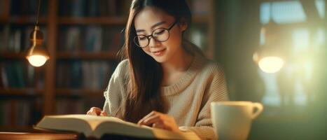 ai generado joven asiático mujer absorto en un libro en un biblioteca. ai generativo. foto