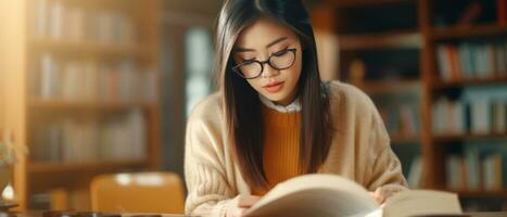 ai generado joven asiático mujer absorto en un libro en un biblioteca. ai generativo. foto