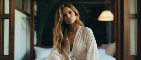 AI generated Woman in white robe on plush bed. AI generative. photo