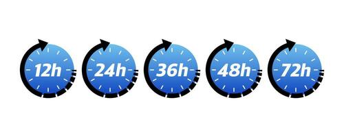 12, 24, 48 and 72 hours clock arrow. Vector work time effect or delivery service time icons. Vector illustration