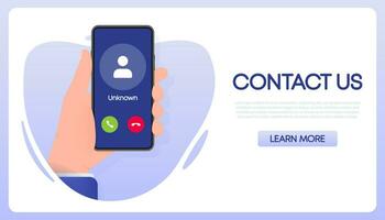 Hand holds phone with call Incoming video call on screen on white background. Vector illustration.