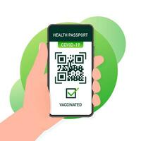 salud pasaporte qr código en lineal estilo en verde antecedentes. coronavirus vacunación. vacuna certificado tarjeta vector