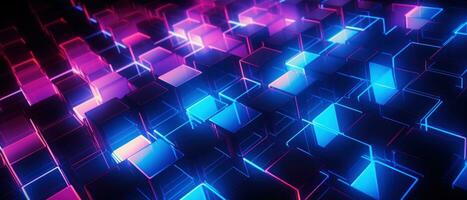 AI generated Bright neon elements and 3D cubes create a modern, tech-savvy atmosphere. photo