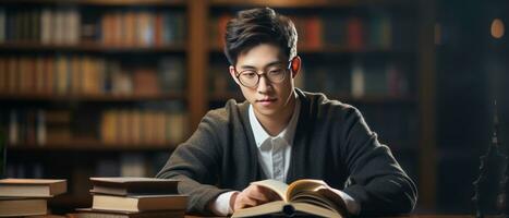 ai generado de edad mediana hombre absorto en lectura, con un vela. ai generativo. foto