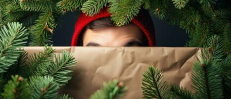 AI generated Playful man hiding behind Christmas tree. AI generative. photo