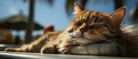 ai generado contento gato tomando el sol en luz de sol foto