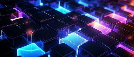 AI generated Bright neon elements and 3D cubes create a modern, tech-savvy atmosphere. photo