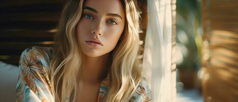 AI generated Captivating scene of a woman with golden locks. AI generative. photo