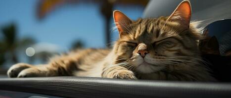 ai generado contento gato tomando el sol en luz de sol foto