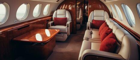 AI generated Luxurious private jet interior, leather seats, plush upholstery. AI generative. photo