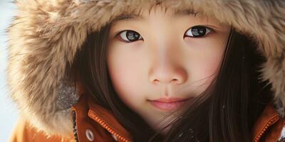 AI generated Young girl in fur coat with intense gaze. AI generative. photo