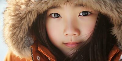 AI generated Young girl in fur coat with intense gaze. AI generative. photo