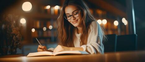 ai generado mujer en lentes absorbido en un libro a un biblioteca escritorio. ai generativo. foto