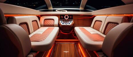 AI generated Luxury boat interior at sunset, ambient lighting. AI generative. photo