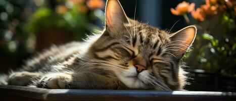 AI generated Charming and funny photo of a sleepy kitten, showcasing its fluffy striped fur and adorable expression.