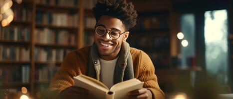 ai generado tranquilo biblioteca atmósfera, joven lectores absorbido en libros. ai generativo. foto