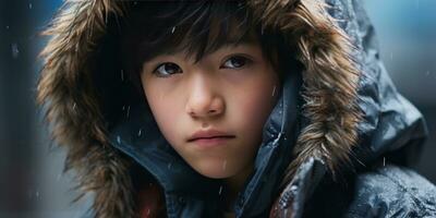 AI generated Close-up of a young Asian boy in winter attire. AI generative. photo