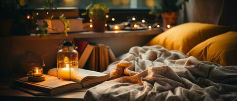 AI generated Cozy Reading Nook with Warm Lantern Light photo