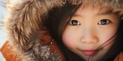 AI generated Young girl in fur coat with intense gaze. AI generative. photo