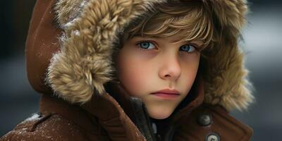 AI generated Warm, inviting image of a boy in a hooded coat. AI generative. photo