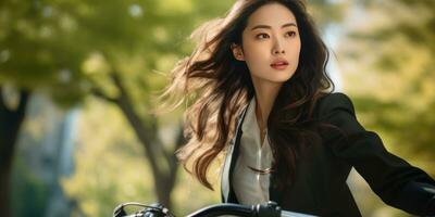 AI generated Elegant office-style Asian girl on bike. AI generative. photo