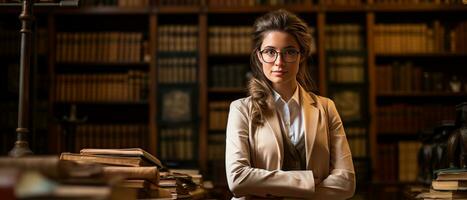 ai generado de moda hembra estudiante sentado entre estantería en un antiguo Universidad biblioteca, profundamente absorto en estudiando. foto