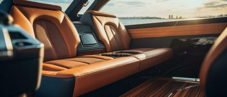 AI generated Luxury boat interior at sunset, ambient lighting. AI generative. photo