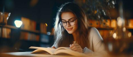 ai generado mujer en lentes absorbido en un libro a un biblioteca escritorio. ai generativo. foto