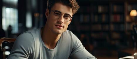 AI generated Young man in glasses deeply engrossed in a book, in a library. AI generative. photo