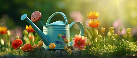 AI generated Charming watering can in a vibrant garden. AI generative. photo