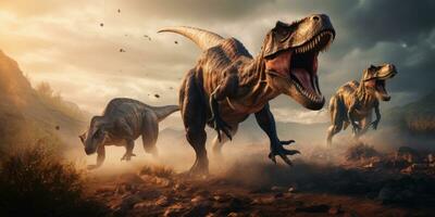 AI generated T-Rex in a prehistoric landscape, surrounded by diverse dinosaurs. AI generative. photo