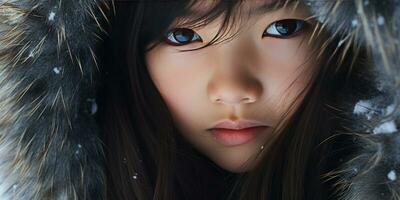 AI generated Young girl in fur coat with intense gaze. AI generative. photo