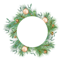 Kreis Rahmen von Ast Mistel und Kiefer Digital Illustration. Weihnachten Dekorationen Pastell- Schattierungen, Glocken, Ball Hand gezeichnet. Element zum 2024 Neu Jahr Design, Urlaub Karte, Paket. png