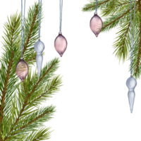 Rahmen von Tanne Baum Geäst mit Weihnachten Ornamente, Bälle Pastell- Farben Digital Illustration. Fichte Geäst. Element zum Design Weihnachten Paket, Karte, Einladung. png