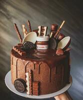 Chocolate cake with cream and chocolate wafer rolls on a dark background photo